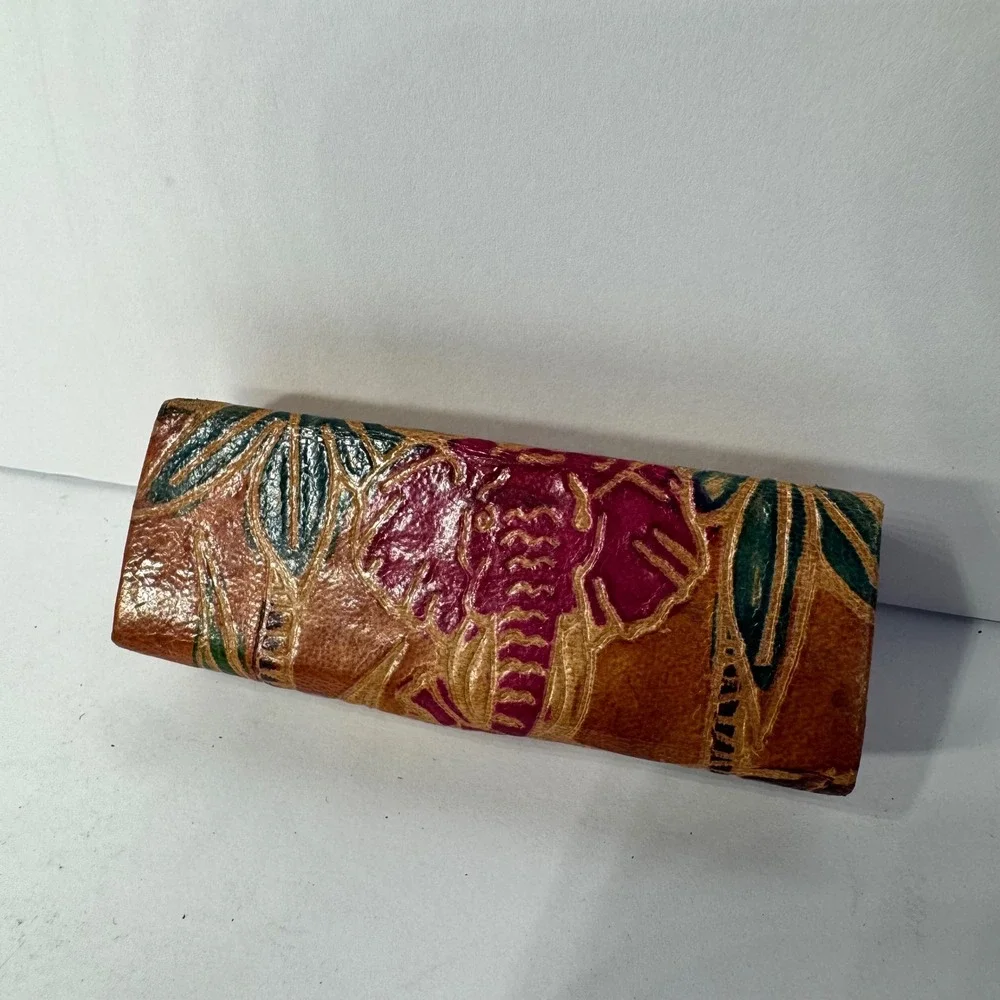 Vintage Genuine Leather Lipstick Case Mirror Embossed Elephant Palm‎ Made India